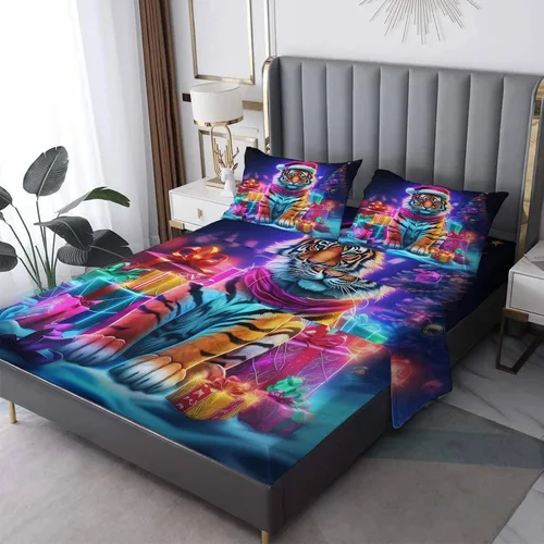 Vista 10 de Sábanas de árbol de Navidad tamaño individual, sábanas de cama negras y doradas, microfibra suave, bolsillo profundo, sábanas y fundas de almohada