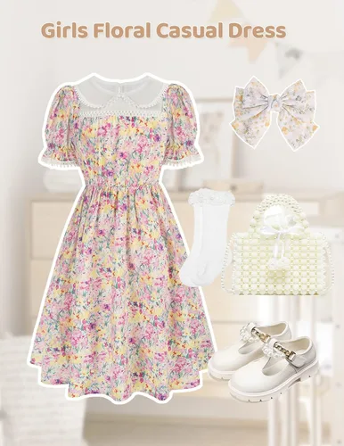 Vista 5 de Vestido de manga abombada floral para niñas de 6 a 12 años