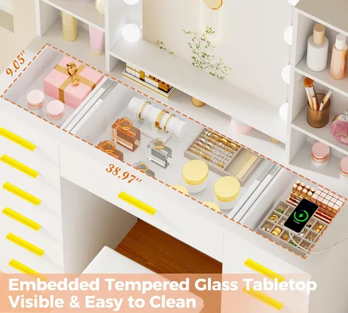 Vista 3 de ANWBROAD Escritorio de tocador con espejo y luces, juego de mesa de tocador de maquillaje blanco con parte superior de cristal, 13 cajones, 7