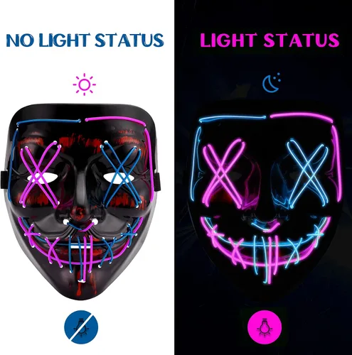 Vista 3 de Máscara de Halloween con luz LED, máscara de miedo de purga con alambre EL, para cosplay, fiestas de disfraces, fiestas de disfraces para niños