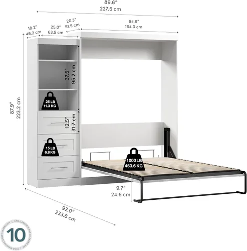 Vista 6 de Bestar Pur Queen Murphy - Mueble de cama y estantería con cajones, cama de pared de 90 pulgadas que ahorra espacio