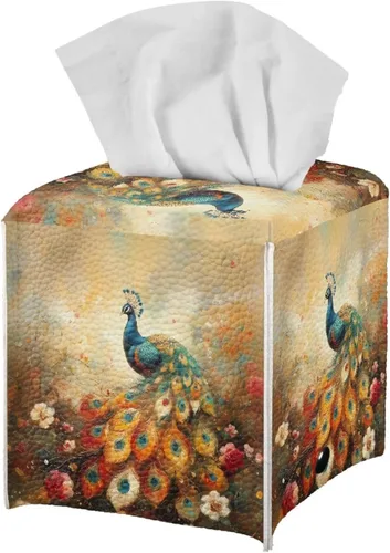 Vista 8 de Caja de pañuelos cuadrada para caja de pañuelos faciales, organizador de servilletas de pavo real, dispensador para dormitorio, oficina, decoración