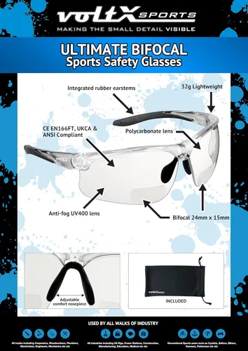 Vista 4 de voltX 'ULTIMATE SPORTS' Gafas de seguridad bifocales (montura transparente, lente transparente + 1.0 dioptrías) – Lente UV400 con revestimiento