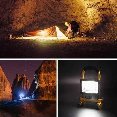 Vista 4 de Luz de trabajo LED de 15 W con soporte, luces de inundación portátiles recargables de 4000 lm, interruptor de brillo ajustable, IP65 impermeable