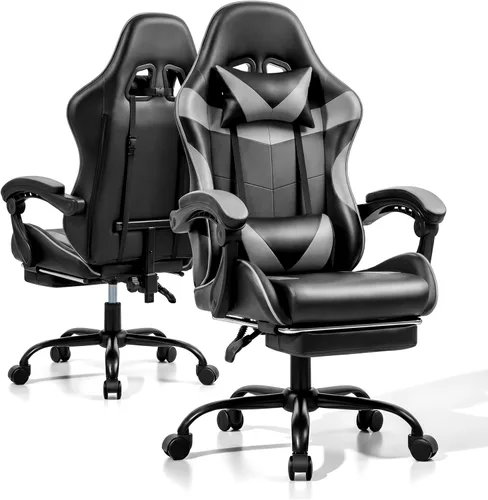 Vista 10 de Silla de juego, reposapiés ergonómico, lumbar y reposacabezas Negro