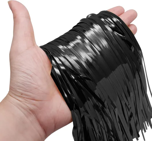Vista 3 de Entisn Paquete de 3 guirnaldas de flecos de papel de aluminio negro, 30 pies, pancarta metálica de flecos de techo de 30 pies, guirnalda brillante