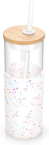 Vista 13 de Tronco Vaso de vidrio de 28 onzas con tapas y pajilla, taza reutilizable para café helado y vaso para batidos con tapa de bambú, funda de silicona