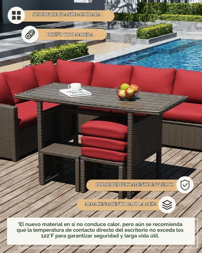 Vista 5 de U-MAX Juego de muebles de patio, 7 piezas de sofá seccional para exteriores Ratán marrón y cojín rojo
