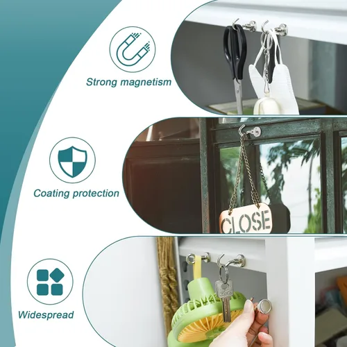 Vista 4 de MAGXCENE 50 ganchos magnéticos resistentes, 3 ganchos magnéticos de tierras raras fuertes de diferentes tamaños para colgar, refrigerador, imanes