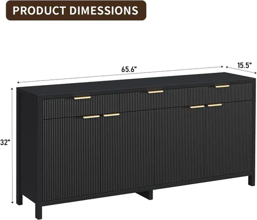 Vista 2 de Yanosaku Aparador Buffet Acanalado de 66" de Ancho, Gabinete de Almacenamiento con 3 Cajones y 2 Gabinetes, Mesa de Bar de Café de Mediados de Siglo