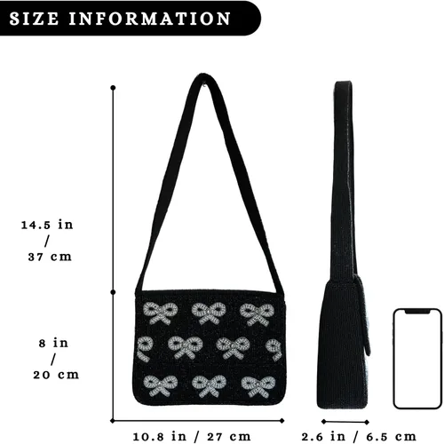 Vista 6 de Elegante bolso de hombro con cuentas negras con detalles de lazo, ocasiones formales e informales, ligero y duradero (elegancia de lazo)