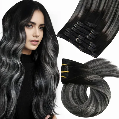 Vista 100 de Moresoo Extensiones de cabello humano con clip, balayage, color marrón oscuro a marrón dorado con clip, extensiones de cabello humano con clip, 5