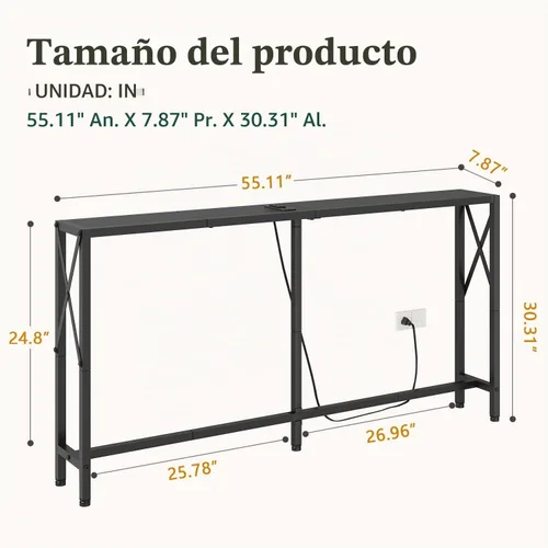 Vista 3 de Gewudraw - Mesa de sofá estrecha de 55.1", mesa consola con tomas de corriente y puertos USB, mesa de entrada, mesa de sofá industrial para pasillo