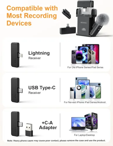 Vista 5 de BILIWAL Micrófono Lavalier inalámbrico para iPhone/Android/Laptop con protector de viento magnético/parche/clip, mini micrófono con reducción