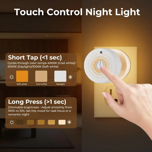 Vista 4 de TSEXES Paquete de 2 luces LED nocturnas enchufables a la pared, temperatura de color ajustable de 3000 K/4000 K/5000 K, control táctil, luz nocturna