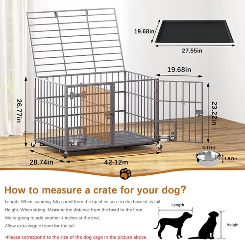 Vista 2 de aboxoo Jaula de metal resistente para perros de 42/48 pulgadas para 2 perros/perros grandes, parte superior abierta de metal, perrera