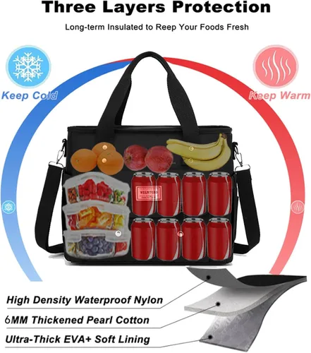 Vista 3 de Bolsa de almuerzo aislada para mujer, negro, nailon, 13.5 x 6.8 x