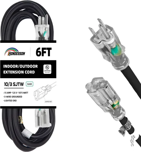 Vista 39 de Cable de Extensión HONDERSON con Extremo Iluminado, Certificado UL, Calibre 10, 1 Pie, Negro, 3 Puntas, Resistente, 10/3 SJTW, 15A, Cable de Energía