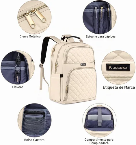 Vista 6 de Mochila Kuosdaz para Mujeres, Beige, 15,6 pulg., Moderno