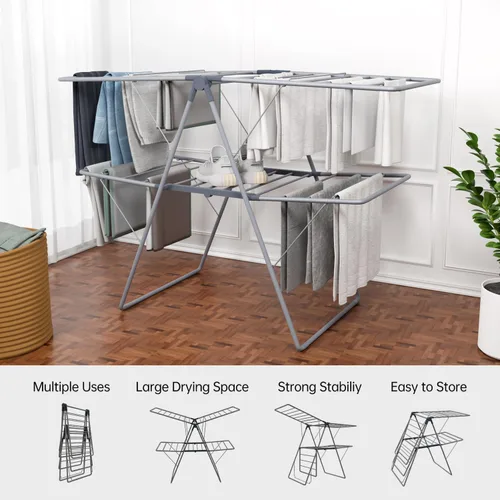 Vista 4 de Clothes Drying Rack Outdoor, Foldable Laundry Drying Rack Heavy Duty, Free-Standing Folding Clothes Hanger with Height-Adjustable Wings, 2 Tier