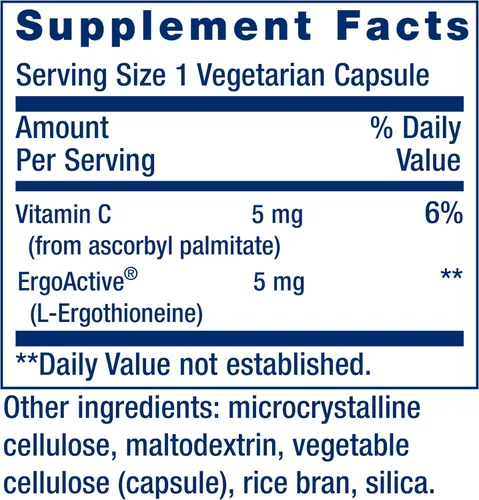 Vista 3 de Life Extension Essential Youth L-Ergothioneine – Promueve la longevidad y el envejecimiento saludable – Sin gluten – OGM – Vegetariano – 5 mg – 30