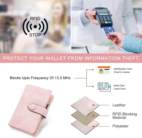 Vista 5 de Billeteras con bloqueo RFID para mujer, de gran capacidad, de cuero suave, cartera pequeña con correa para la muñeca, Rosado, Casual