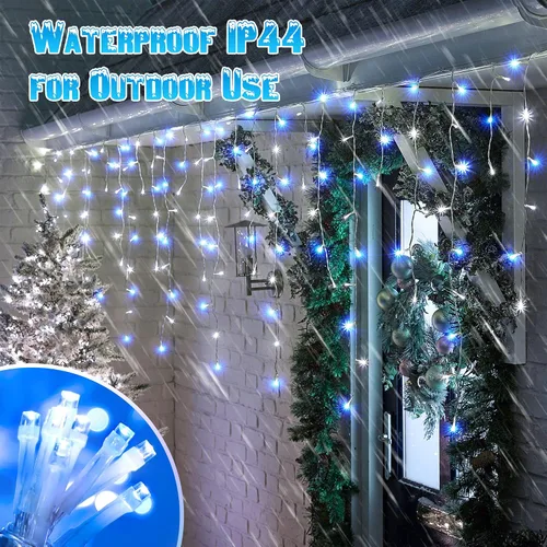 Vista 3 de Toodour Luces de Carámbano de Navidad Blancas y Azules, 29.5 pies, 360 Luces LED de Carámbano, 8 Modos, 60 Gotas, Luz LED de Navidad para Cortina