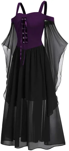 Vista 4 de anuyalue Vestido renacentista para mujer, manga de mariposa, con cordones, vestido de fiesta de Halloween, disfraz de bruja gótica, ropa medieval