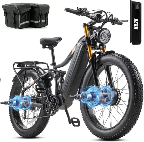 Vista 15 de 2026 AWD Electric Bike for Adults Dual Motor 5000W/3000W/1500W Peak 40MPH/32MPH Fast Ebike, Up to 70 /90 /160 Miles Long Range, 26" Full Suspension