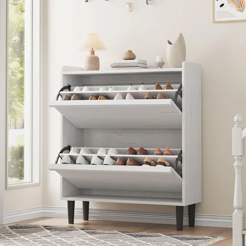 Vista 10 de IDEALHOUSE 2 zapateros con cajones abatibles, zapatero de madera con estante ajustable, organizador de zapatos independiente, almacenamiento oculto