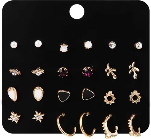Vista 5 de Juego de 63 pares de aretes tipo dormilona para mujer, hipoalergénicos, variados, con bloqueo de luna, estrellas y perlas de imitación