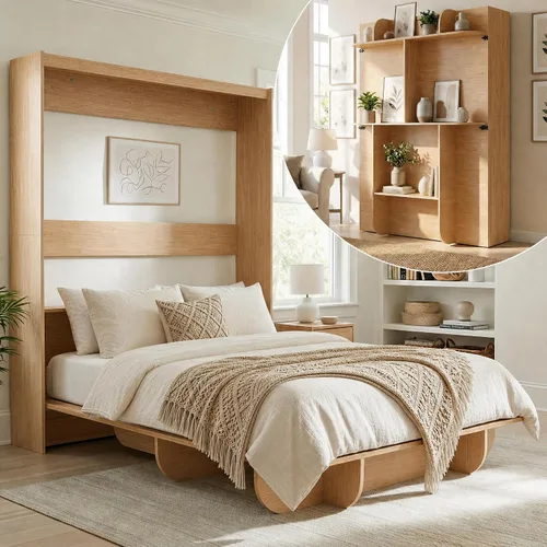 Vista 16 de Mjkone Cama Murphy de pared tamaño Queen con estante de almacenamiento Negro