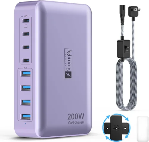 Vista 9 de Estaciones de carga múltiple de 8 puertos de 200 W con enchufe plano, cable de alimentación trenzado e interruptor de encendido/apagado