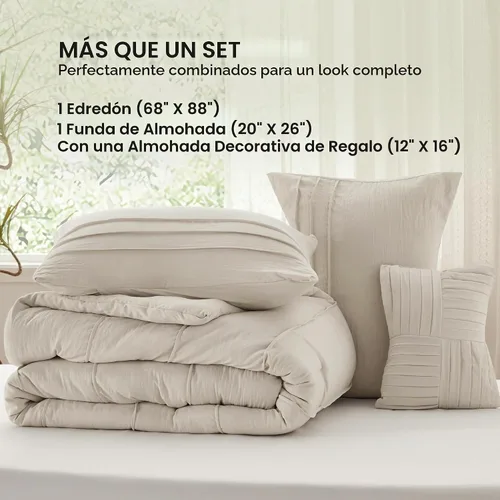 Vista 6 de Bedsure - Juego de edredón individual de 3 piezas, beige bohemio, plisado