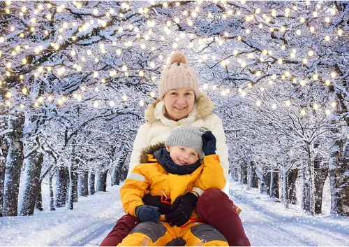 Vista 4 de Telón de Fondo Fotográfico de Escena Invernal de 7x5 Pies País de las Maravillas Copo de Nieve Brillo Nieve Paisaje Árbol Decoración Navidad Fiesta