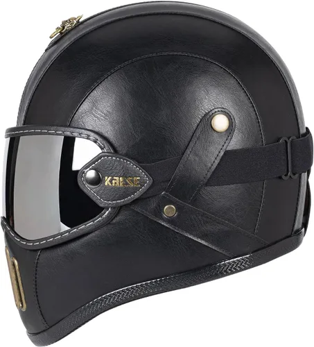Vista 2 de Casco retro de motocicleta de cara completa de cuero de fibra de vidrio para hombres y mujeres Street Off-Road Ciclomotor Racing ATV Motocross