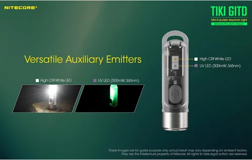 Vista 4 de Nitecore Tiki GITD Verde Linterna de Llavero con Luz UV y Alto CRI, 300 Lúmenes para Uso Diario USB Recargable y Cable de Carga USB-C