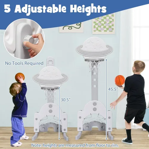 Vista 4 de AKUSTIK 3 in 1 Toddlers Basketball Hoop Stand, Adjustable Height Sports Center with Basketball Soccer Golf Game Set, Portable Indoor Outdoor