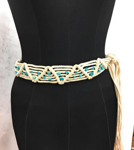 Vista 3 de Cinturón de cuerda trenzada con cuentas de jade para mujer, talla única, ajustable, 62 pulgadas, longitud completa, Natural
