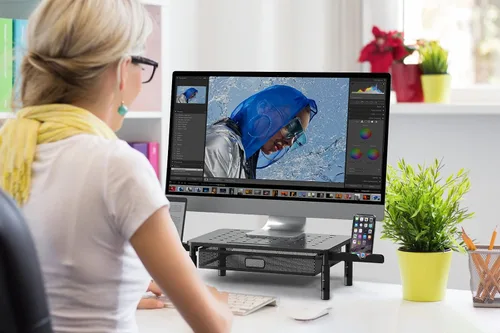 Vista 5 de Zimilar Soporte elevador para monitor con cajón de malla metálica, elevador de monitor de altura ajustable con soporte para teléfono