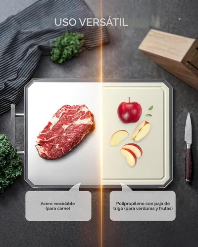 Vista 3 de Tabla de cortar de acero inoxidable SNOWCLAD, tablas de cortar de doble cara para cocina, tabla grande de acero inoxidable/paja de trigo PP