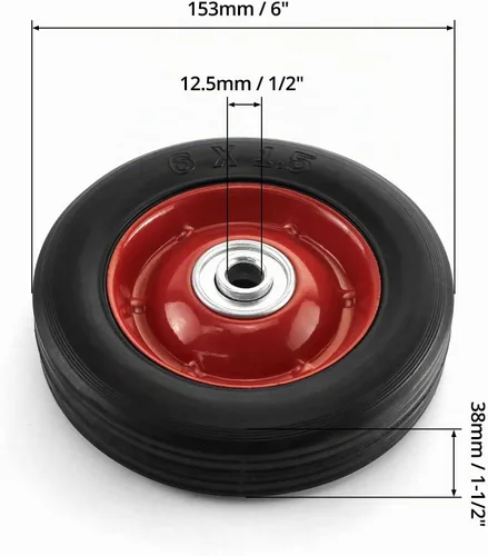 Vista 5 de QWORK Paquete de 2 ruedas de goma premium de 15.2 cm x 3.8 cm, eje de 1.3 cm, rueda de carro de carga con rodamiento de bolas, capacidad de hasta