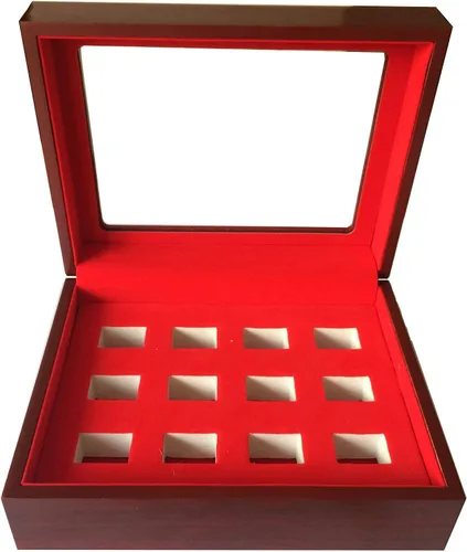 Vista 3 de JunningGor 12 Agujeros Campeonato Big Heavy Ring Display Case Joyero de madera Terciopelo Rojo Interior (Rojo)