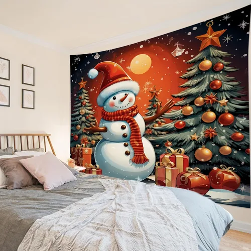 Vista 8 de HVEST Tapiz navideño de muñeco de nieve para colgar en la pared, divertido muñeco de nieve con sombrero rojo de Navidad y tapiz de regalo, tapiz
