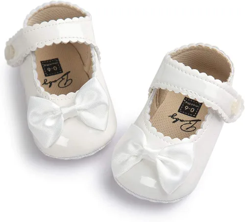 Vista 3 de Meckior - Zapatos bajos y livianos para bebés estilo Mary Jane con suela suave y lazo decorativo para vestidos de princesa o bodas para niñas que