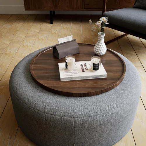 Vista 3 de Hanobe Bandeja otomana grande para servir: bandejas redondas de madera de 18 pulgadas, bandeja decorativa contemporánea para mesa de café, plato