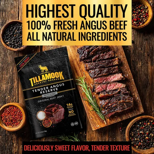 Vista 4 de Tillamook Country Smoker Tender Angus Reserve Original Beef Jerky, bolsa de 6 oz, Carne de res Angus de EE. UU. ahumada lentamente con madera real