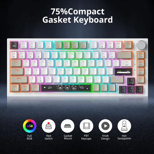 Vista 2 de Junta de teclado 75% montada con almohadillas absorbentes de sonido, teclado mecánico RGB compacto con cable de 82 teclas para juegos, enchufe