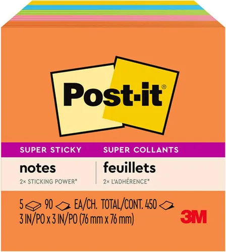 Vista 11 de Post-it Notas súper adhesivas, 3 x 3 pulgadas, 5 blocs, 2 veces más poder de adherencia, colección Energy Boost, colores brillantes, reciclables