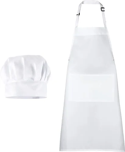 Vista 8 de Tucnoeu Sombrero de chef blanco y delantal para hombres y mujeres, disfraz de chef con 2 bolsillos, disfraz de chef para adultos para cocina